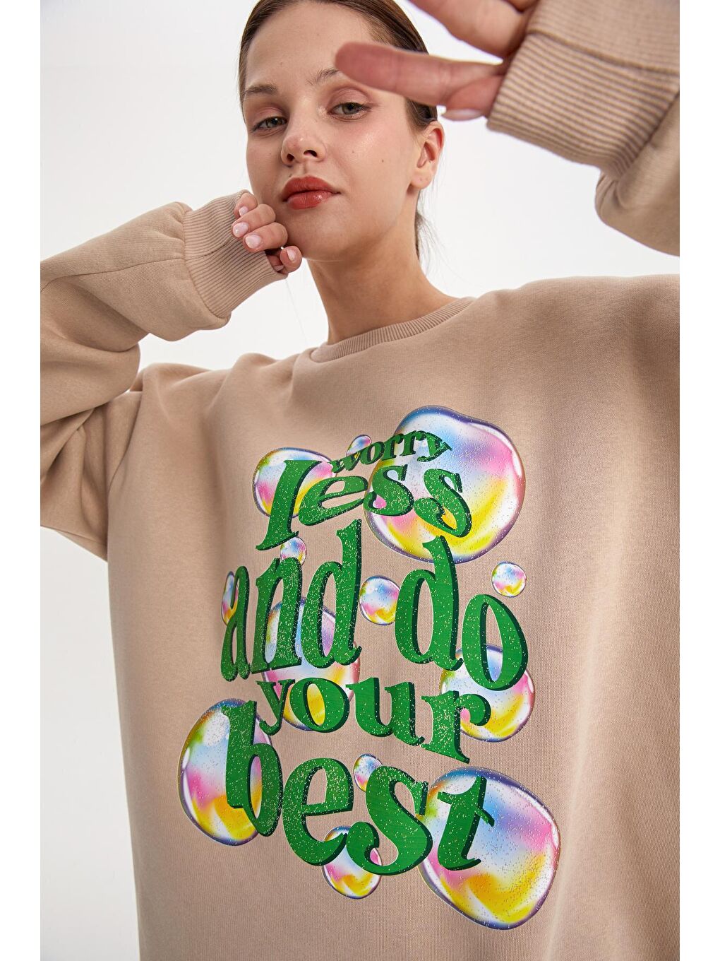 ALLDAY Bej01 Baloncuk Baskılı Oversize Şardonlu Sweatshirt