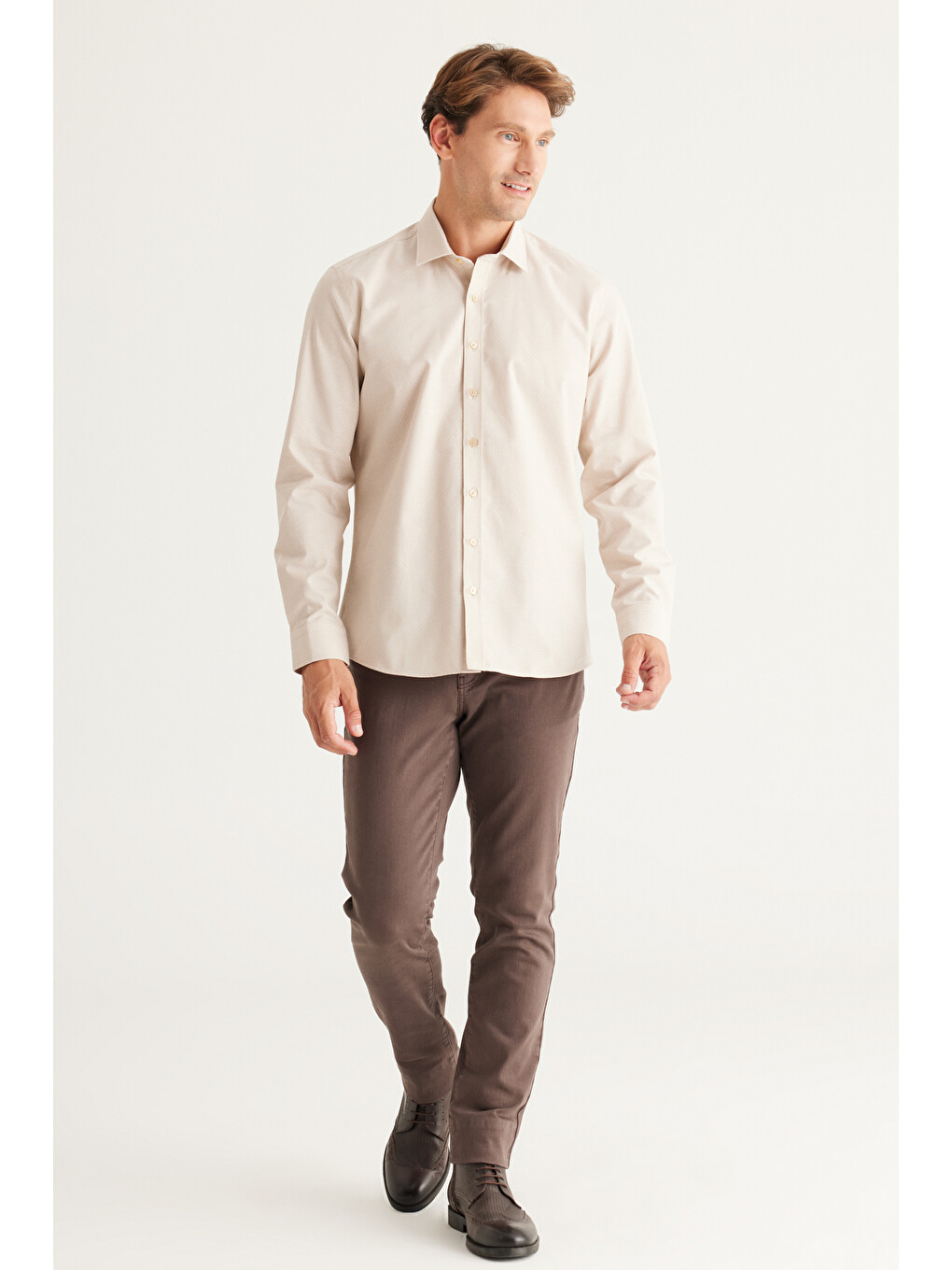 Erkek Bej Slim Fit Dar Kesim Klasik Yaka Organik Pamuk Karışımlı Gömlek-1