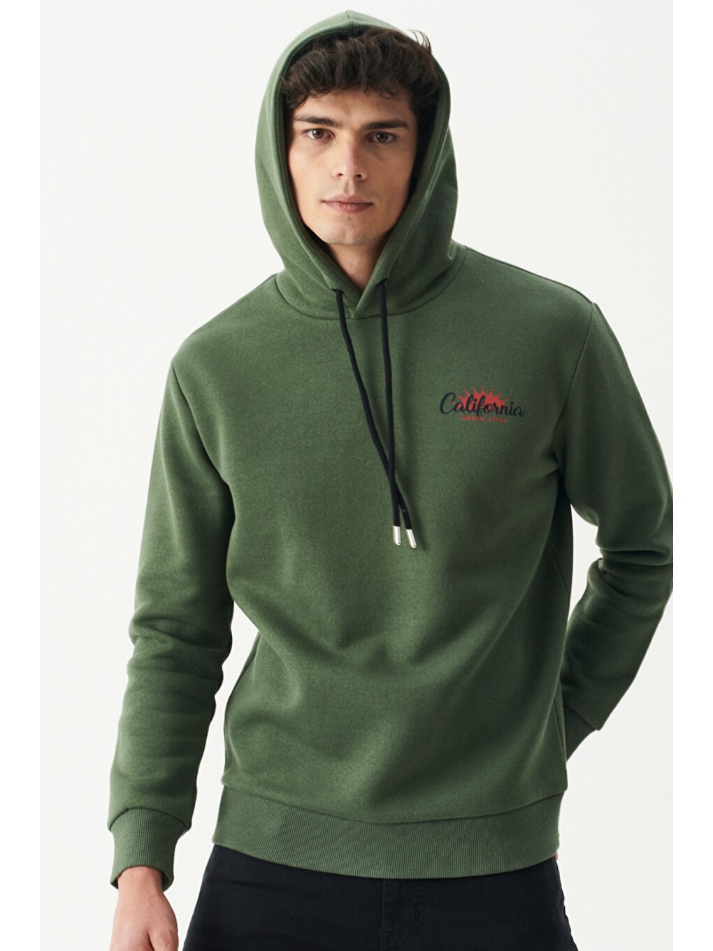 Regular Fit Kapüşonlu Şardonlu Haki Sweatshirt-1