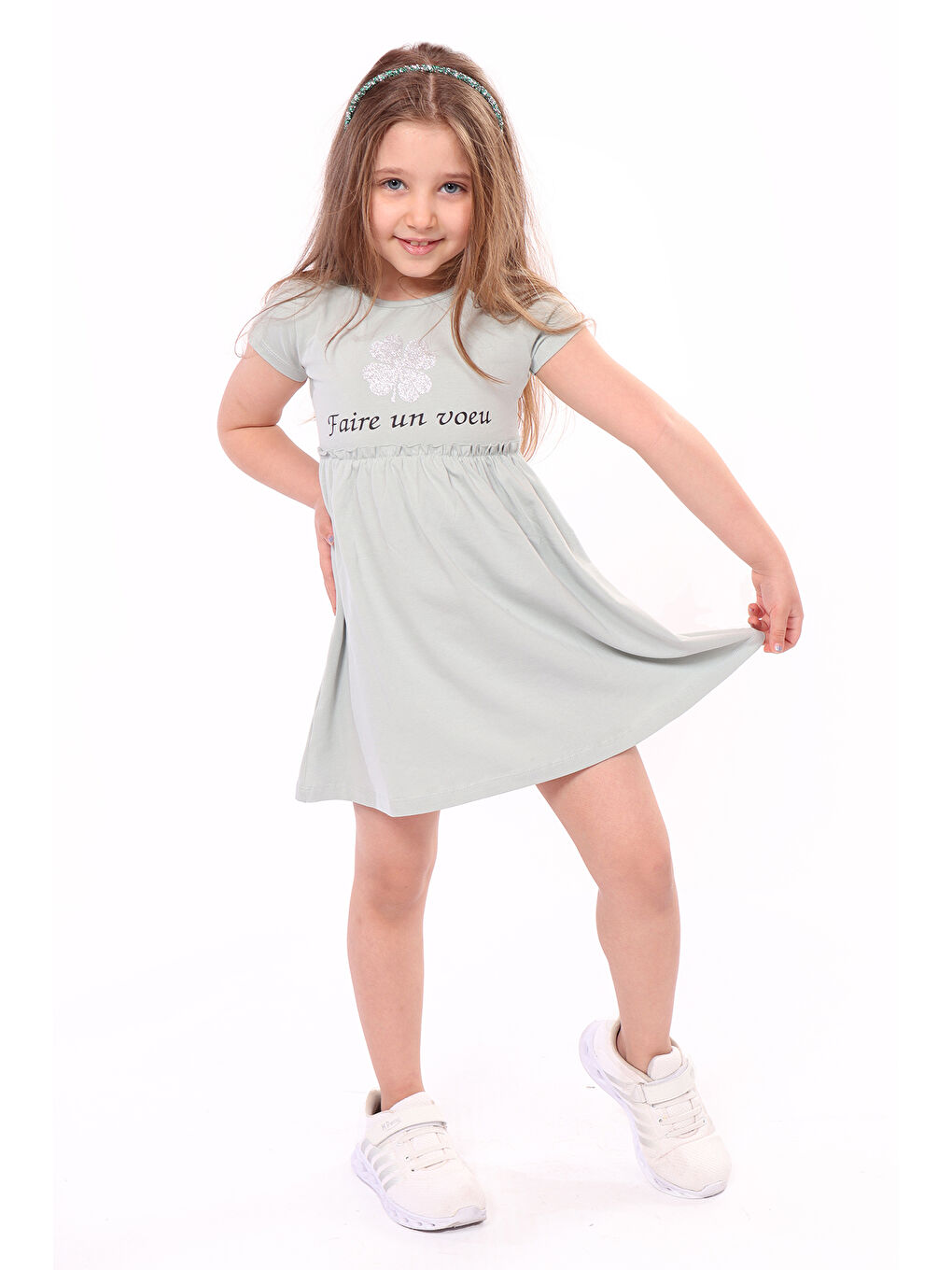 Gri Kız Bebek Faire Un Voeu Baskılı Elbise-1