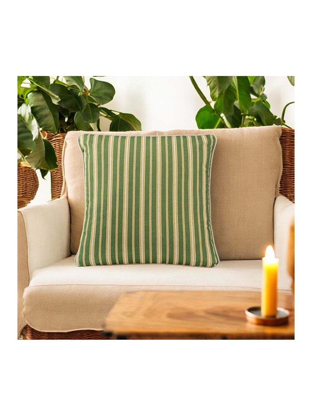 Yeşil Bohem Tarzı Keten Pamuklu Dijital Baskı Çiçek Çizgi Desenli Biyeli 45x45 Kırlent Kılıfı