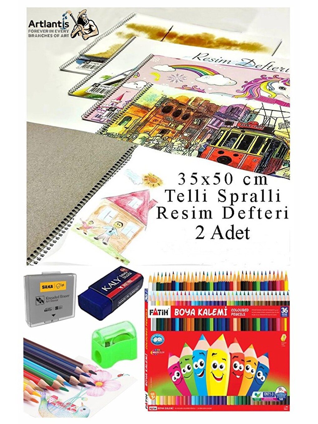 36 Renk Kuru Boya Fatih 35x50 Cm Telli Spralli Resim Defteri Hamur Silgi Kalemtraş 15 Yaprak Resim D