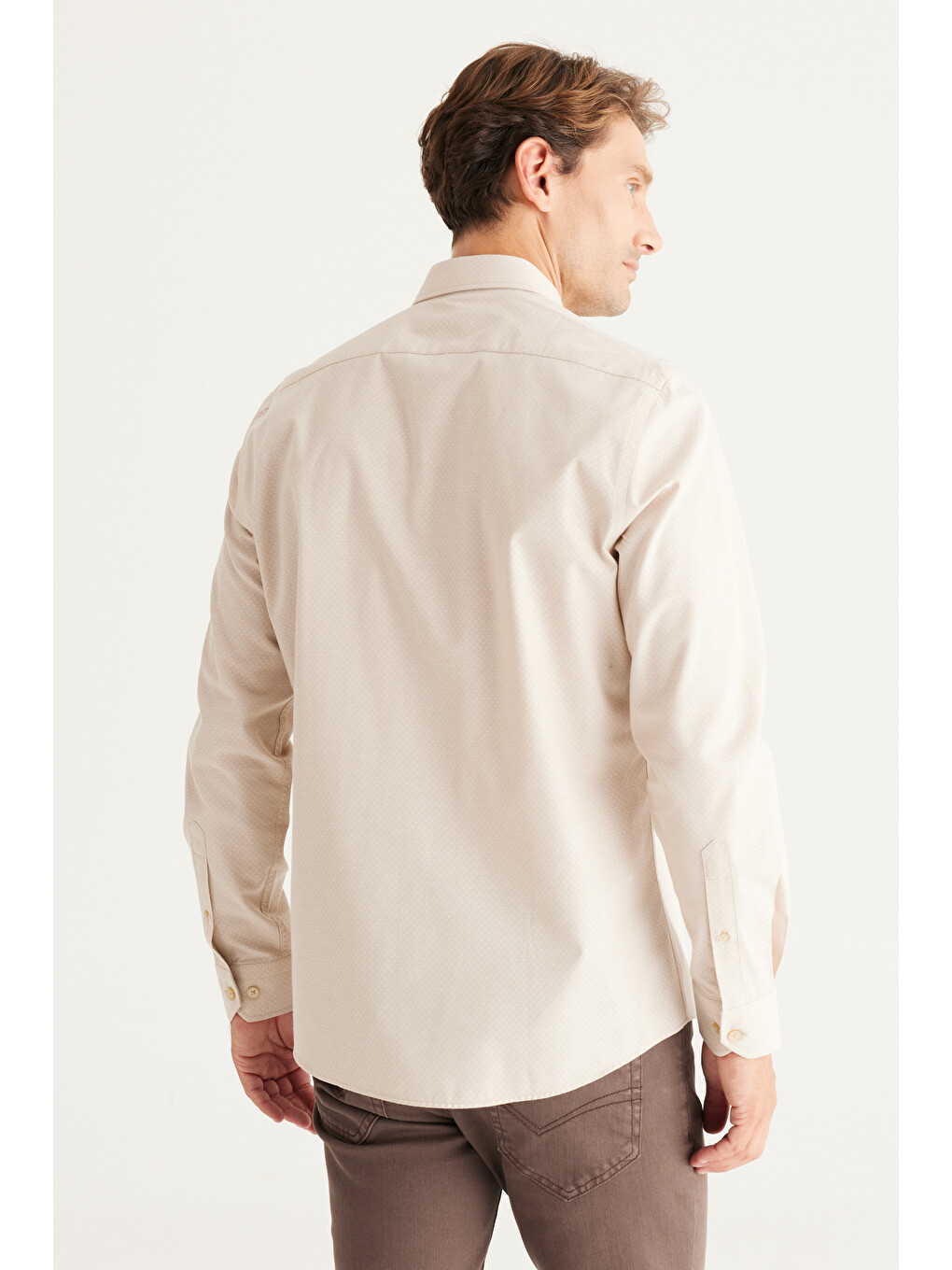 Erkek Bej Slim Fit Dar Kesim Klasik Yaka Organik Pamuk Karışımlı Gömlek-4