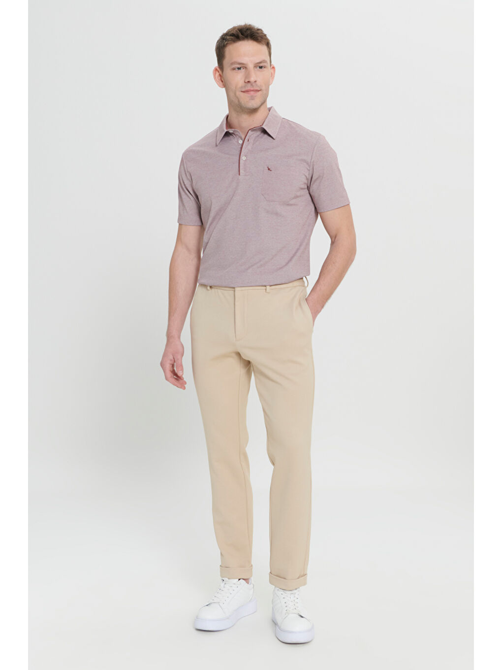 Erkek Bej 360 Derece Here Yöne Esneyen Slim Fit Dar Kesim Diagonal Desenli Beli Bağlamalı Örme Pant--1