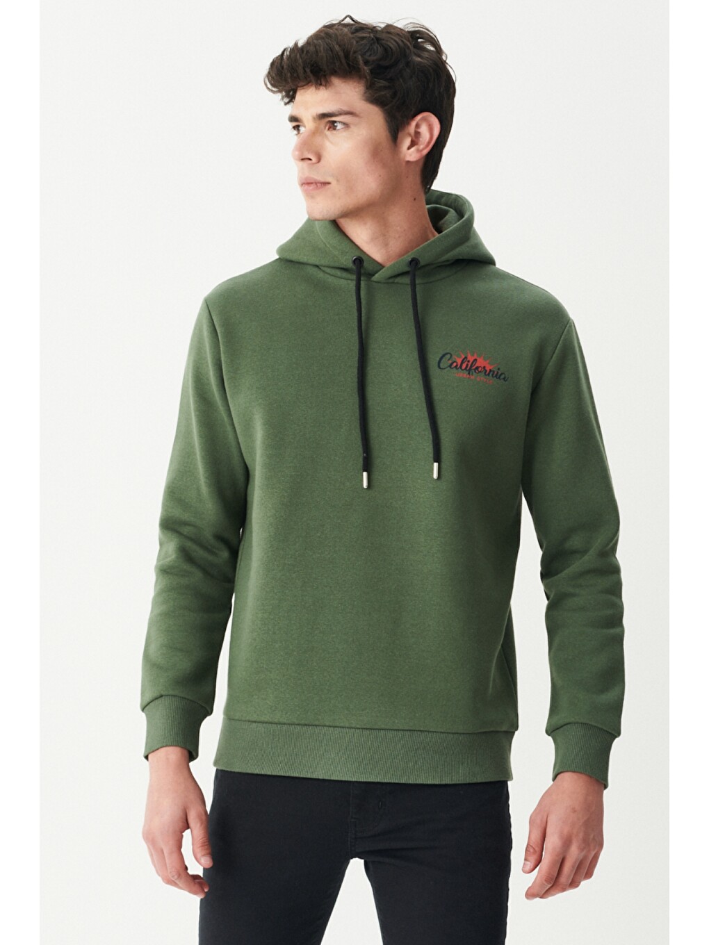 Regular Fit Kapüşonlu Şardonlu Haki Sweatshirt-2