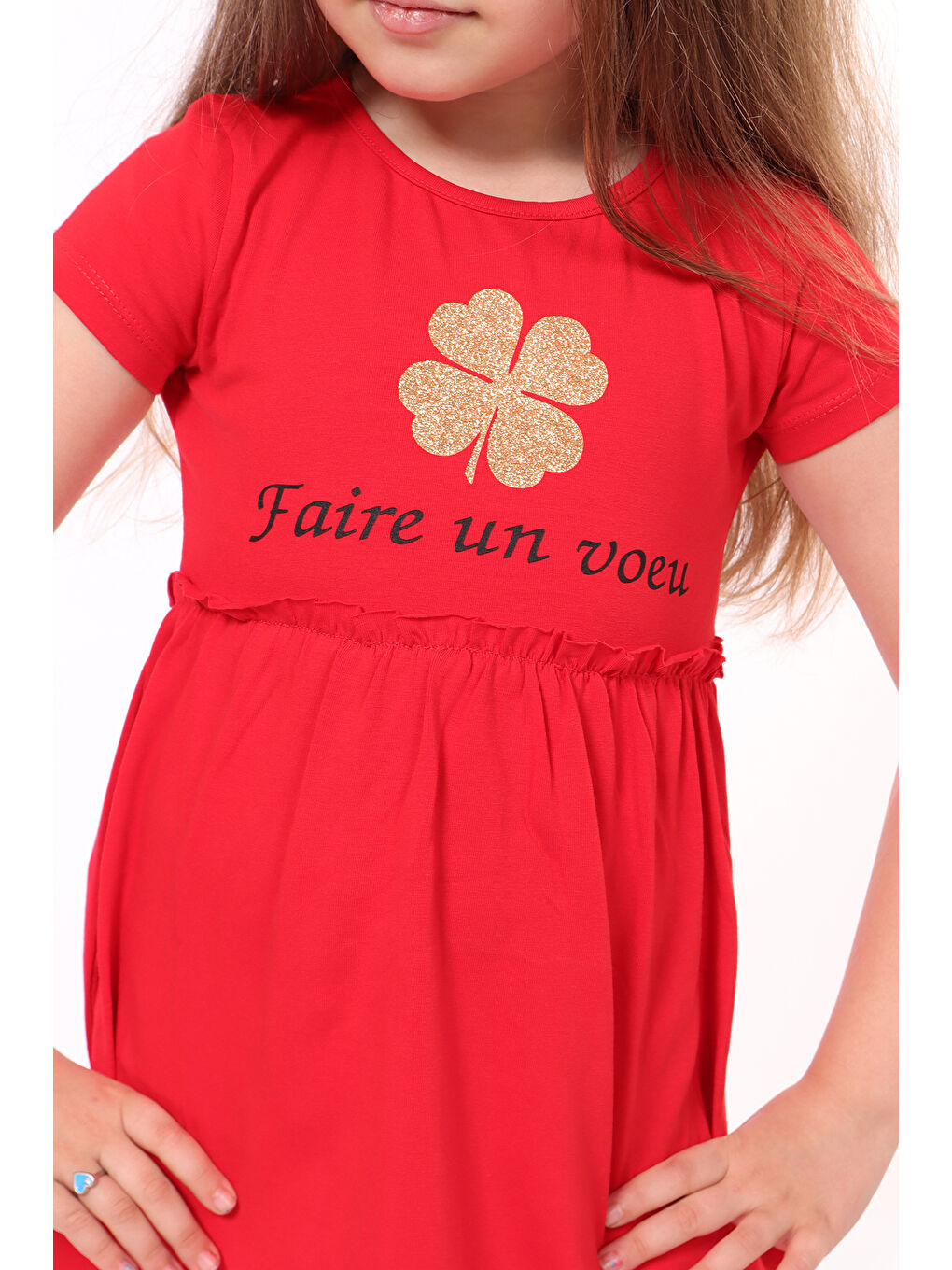 Kırmızı Kız Bebek Faire Un Voeu Baskılı Elbise-1