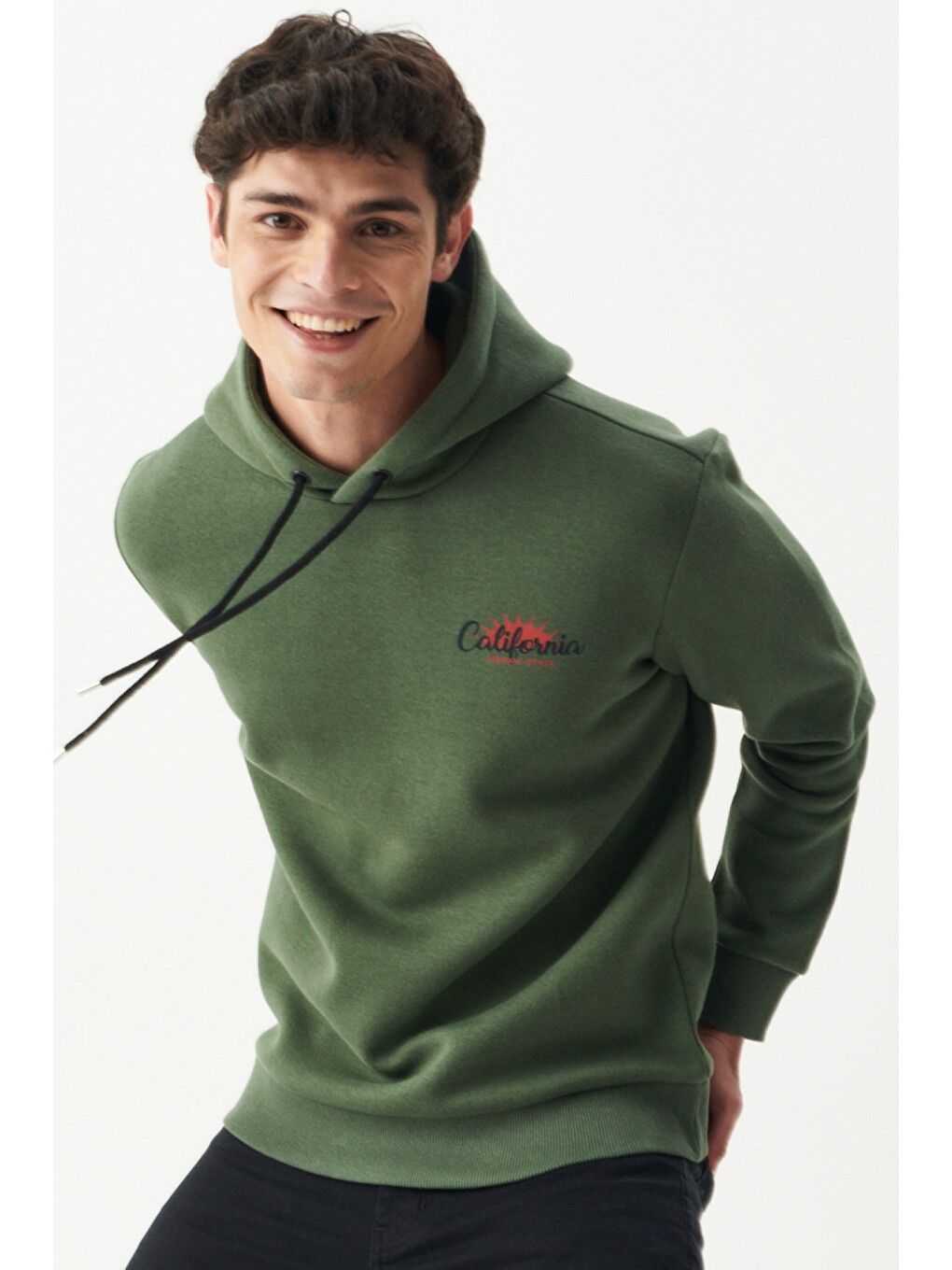 Regular Fit Kapüşonlu Şardonlu Haki Sweatshirt-3