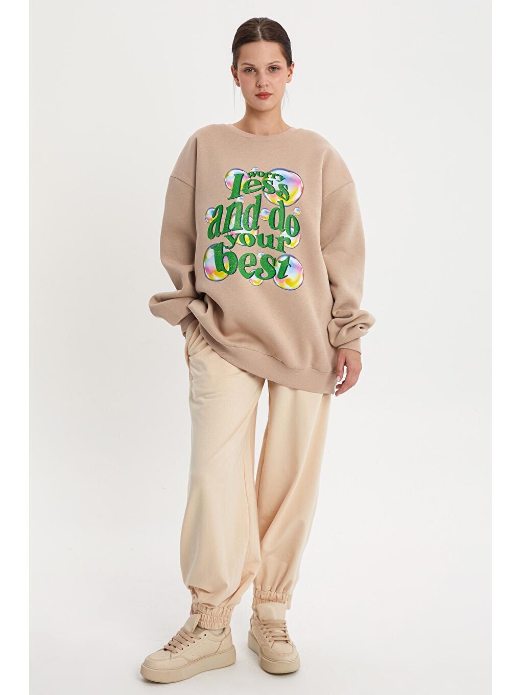 ALLDAY Bej01 Baloncuk Baskılı Oversize Şardonlu Sweatshirt - 1