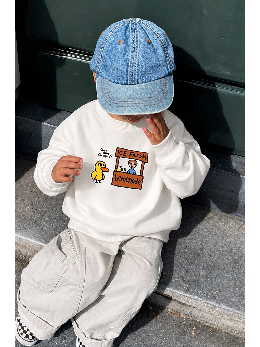 Unisex Çocuk Ekru Ördek Baskılı 3 İplik Kumaş Pamuklu Sweatshirt-1