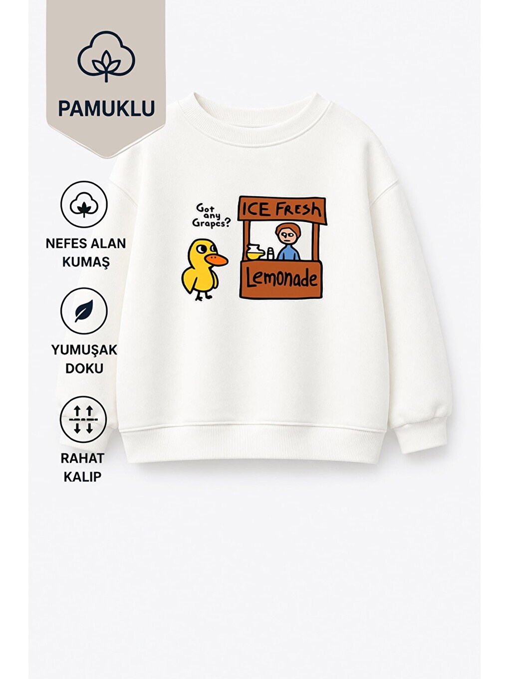 Unisex Çocuk Ekru Ördek Baskılı 3 İplik Kumaş Pamuklu Sweatshirt-2