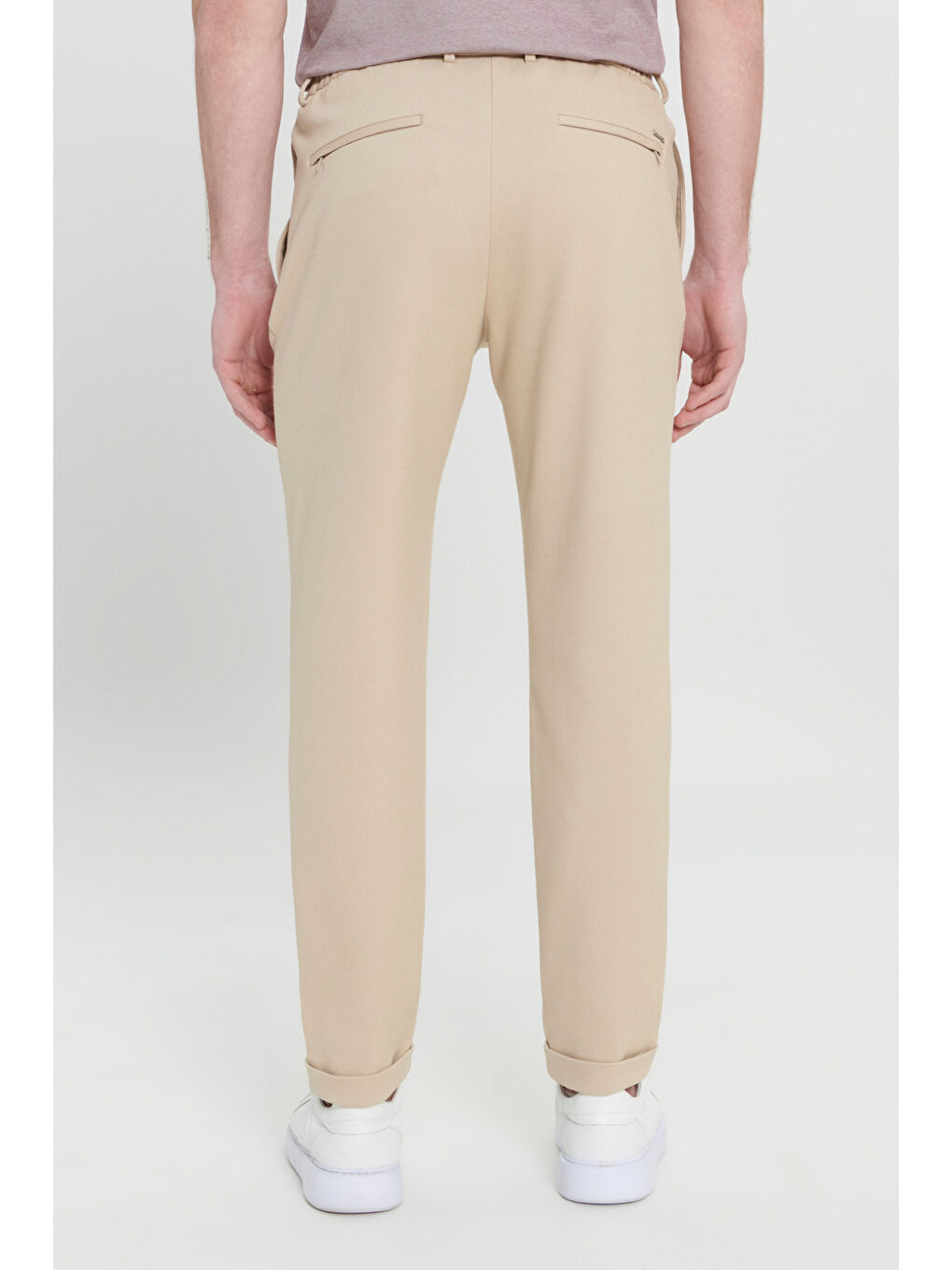 Erkek Bej 360 Derece Here Yöne Esneyen Slim Fit Dar Kesim Diagonal Desenli Beli Bağlamalı Örme Pant--5