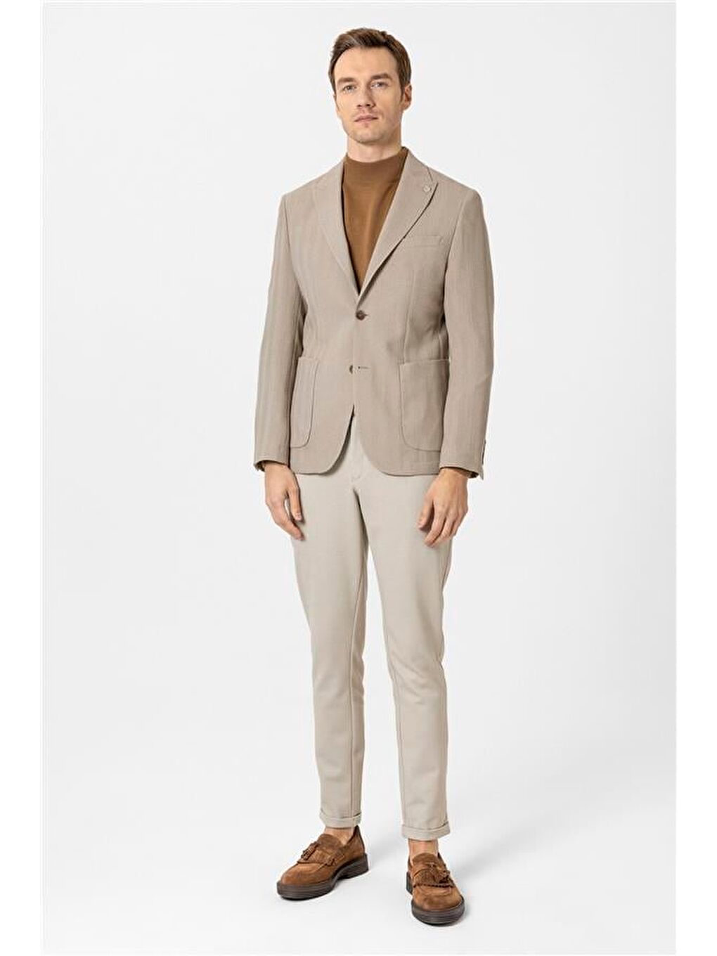 Bej Slim Düz Sivri Yaka 6 Drop Ceket-3