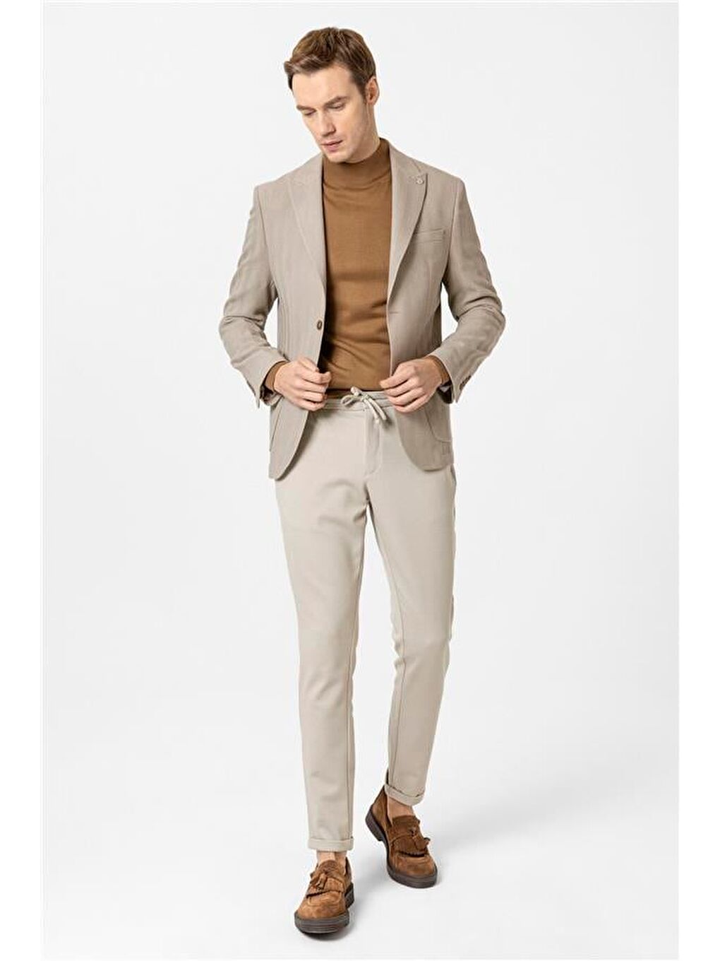 Bej Slim Düz Sivri Yaka 6 Drop Ceket-5