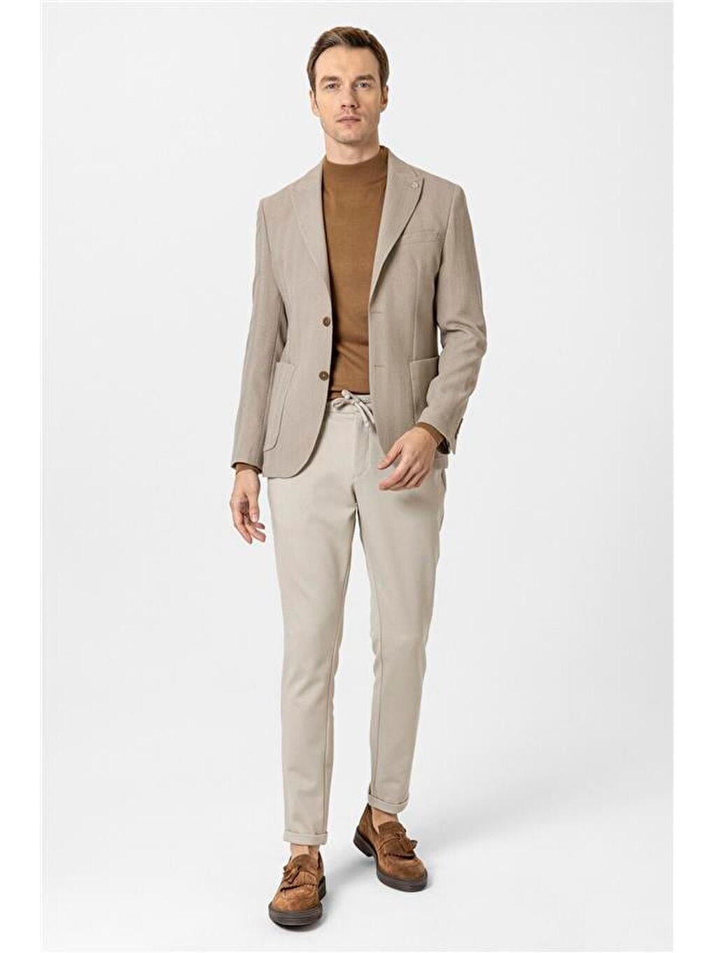 Bej Slim Düz Sivri Yaka 6 Drop Ceket-6