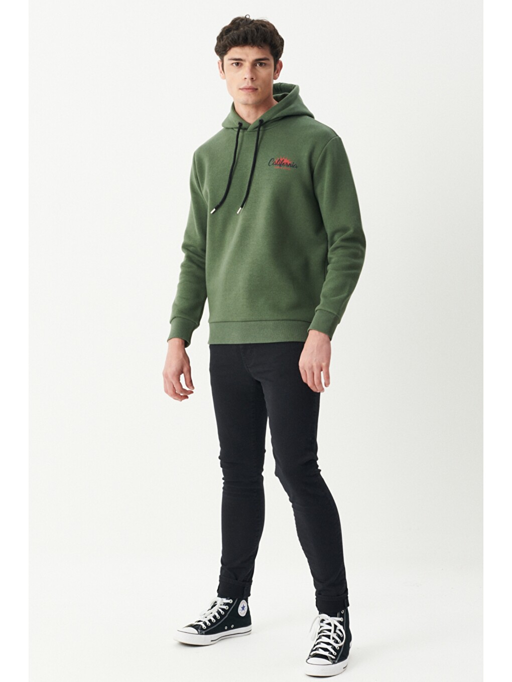 Regular Fit Kapüşonlu Şardonlu Haki Sweatshirt-5