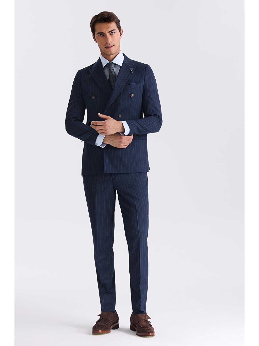 Lacivert Slim Fit Sivri Yaka Çizgili Kruvaze Takım Elbise