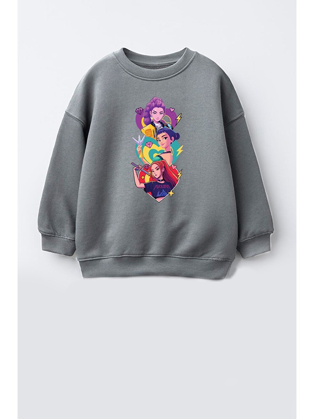Antrasit Kız Çocuk 3 İplik Kumaş Pamuklu Baskılı Sweatshirt
