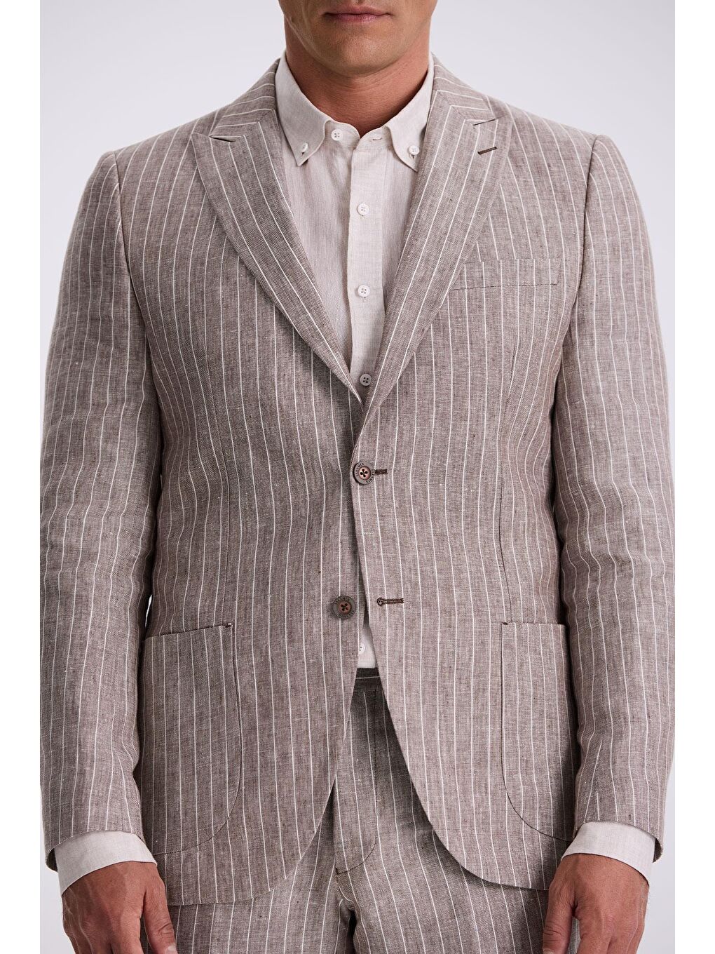 Kahverengi Kahve Slim Fit Kırlangıç Yaka Çift Yırtmaçlı %100 Keten Spor Takım Elbise-2