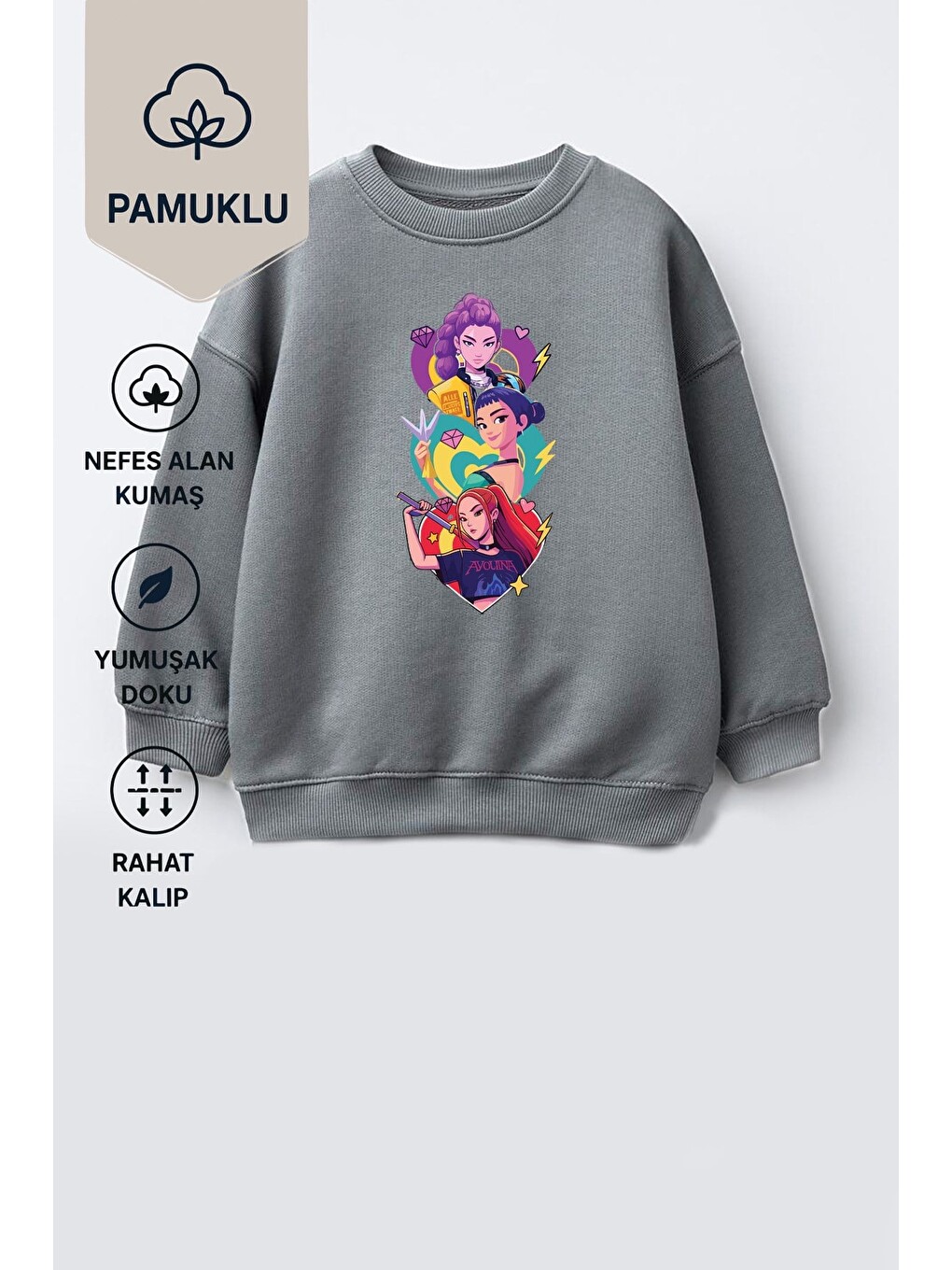 Antrasit Kız Çocuk 3 İplik Kumaş Pamuklu Baskılı Sweatshirt-1
