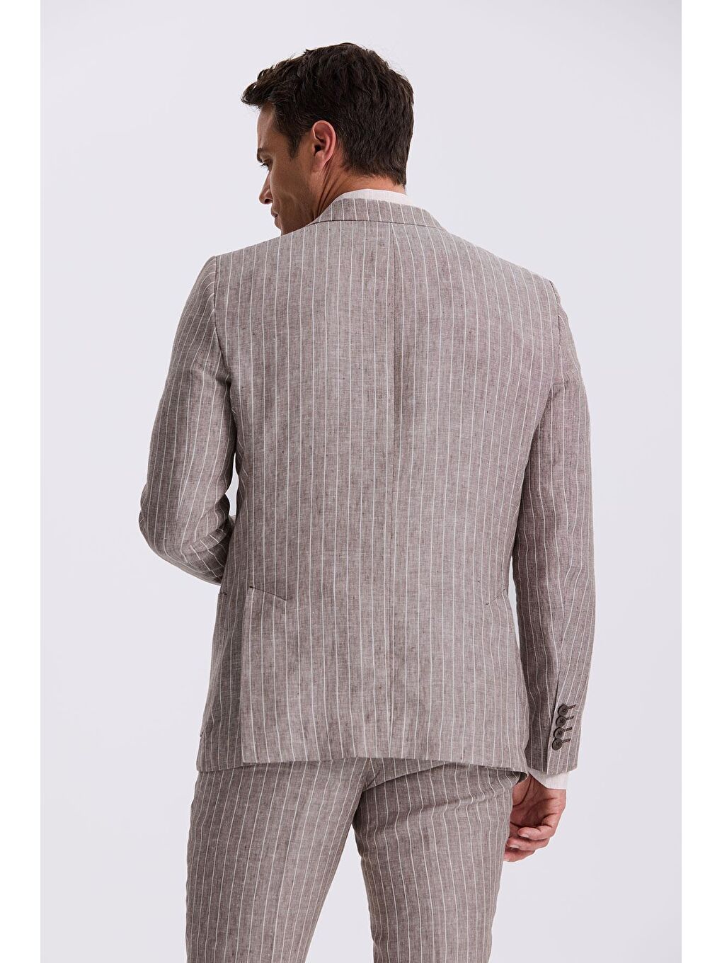 Kahverengi Kahve Slim Fit Kırlangıç Yaka Çift Yırtmaçlı %100 Keten Spor Takım Elbise-3