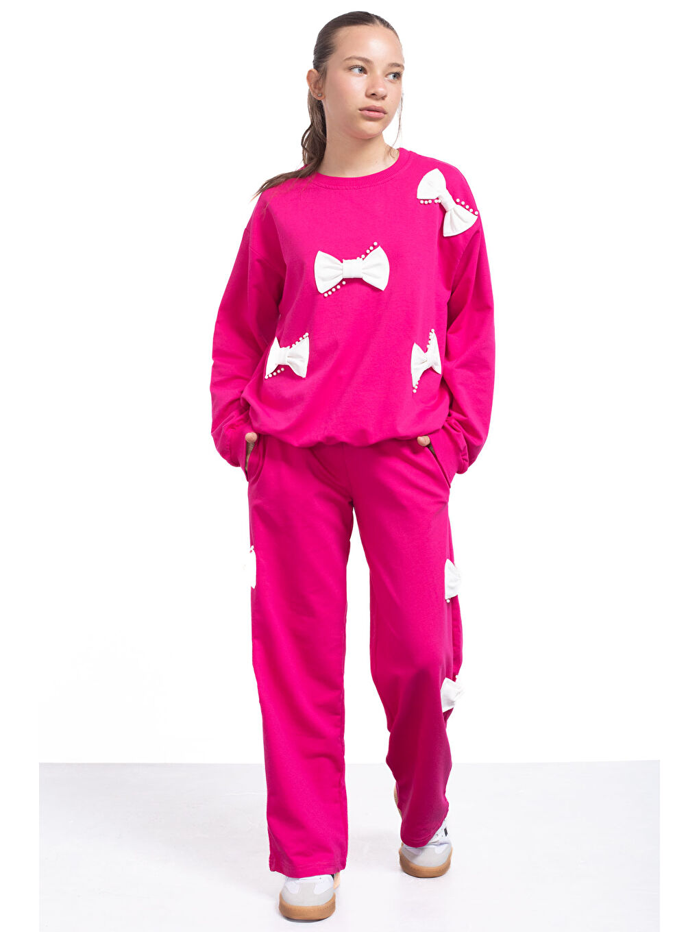 Fuşya Fiyonklu İnci Detaylı Kız Çocuk Bisiklet Yaka 2li Eşofman Takımı 21204