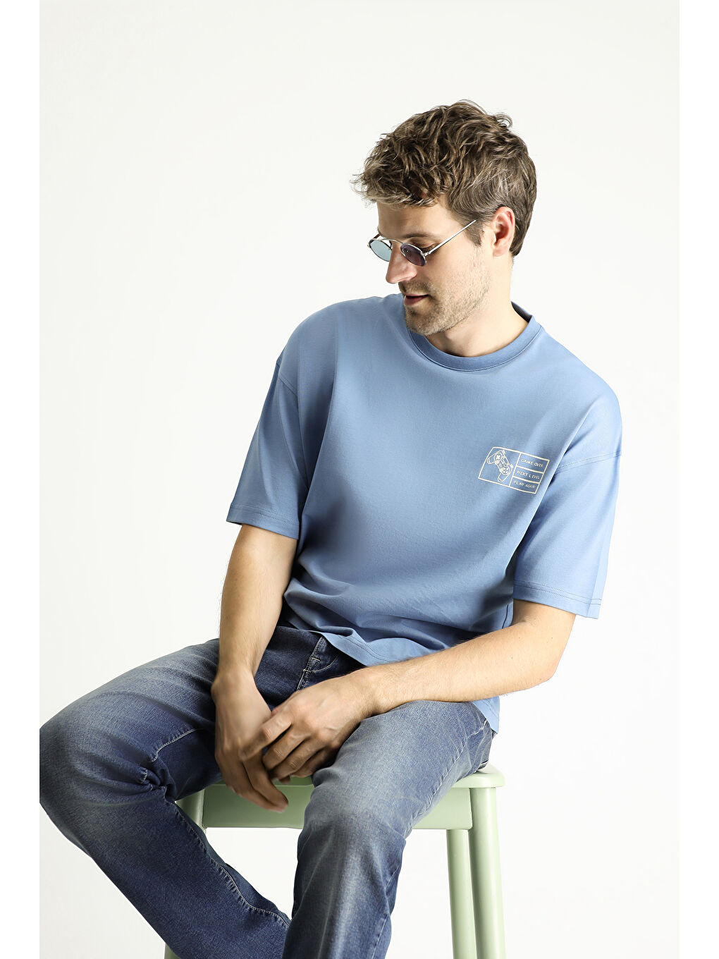 Mavi Bisiklet Yaka Oversize Baskılı Süprem Pamuk Tişört