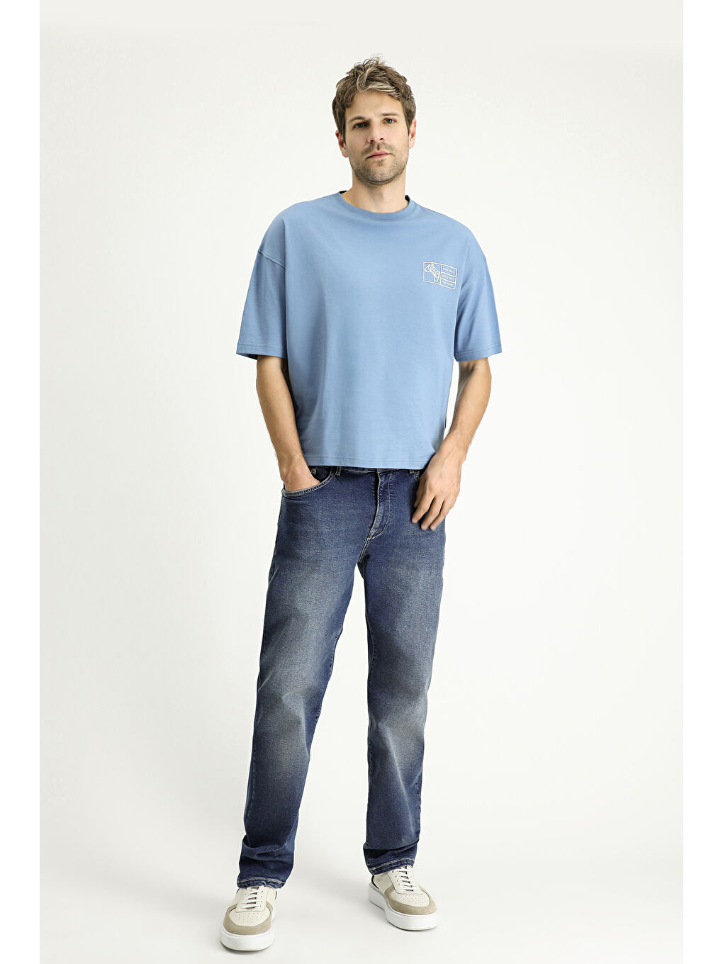 Mavi Bisiklet Yaka Oversize Baskılı Süprem Pamuk Tişört-1