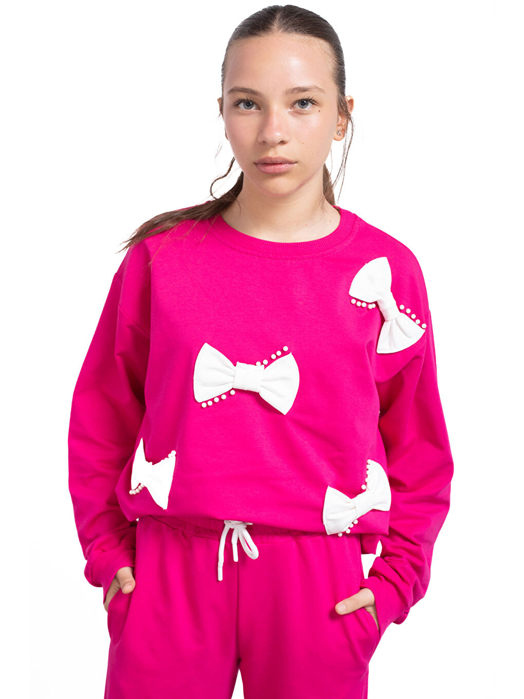 Fuşya Fiyonklu İnci Detaylı Kız Çocuk Bisiklet Yaka 2li Eşofman Takımı 21204-1
