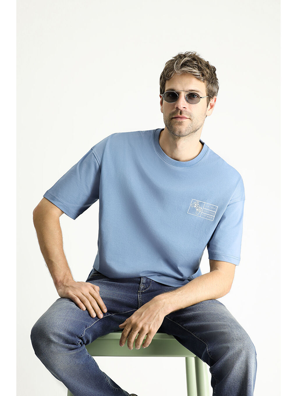 Mavi Bisiklet Yaka Oversize Baskılı Süprem Pamuk Tişört-2