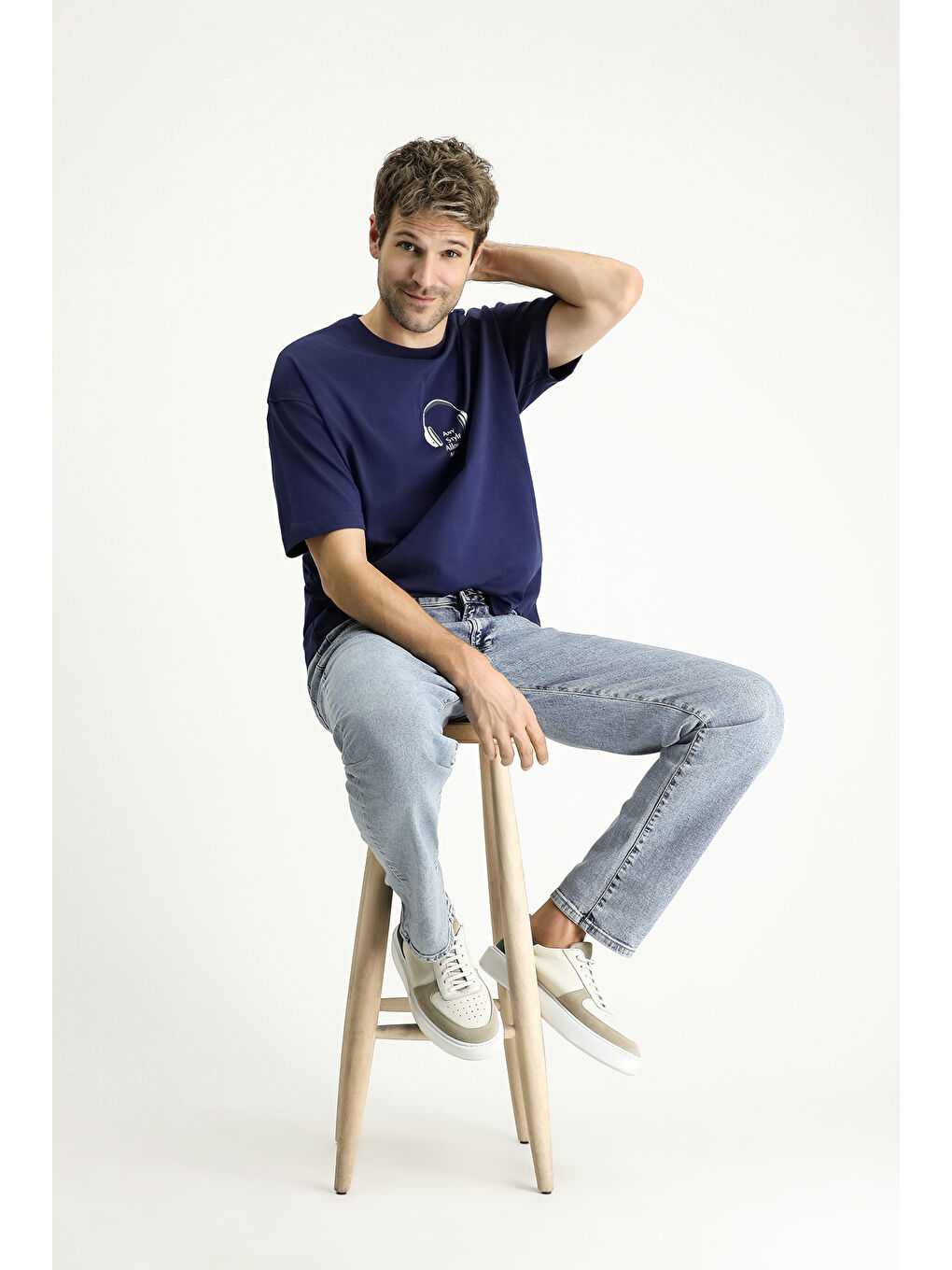 Lacivert Bisiklet Yaka Oversize Baskılı Süprem Pamuk Tişört