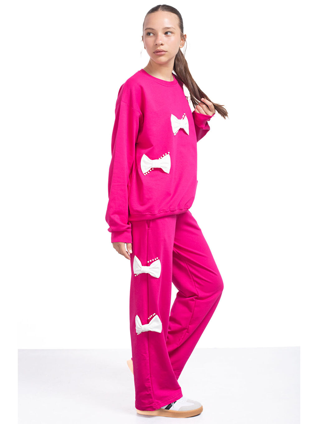 Fuşya Fiyonklu İnci Detaylı Kız Çocuk Bisiklet Yaka 2li Eşofman Takımı 21204-3
