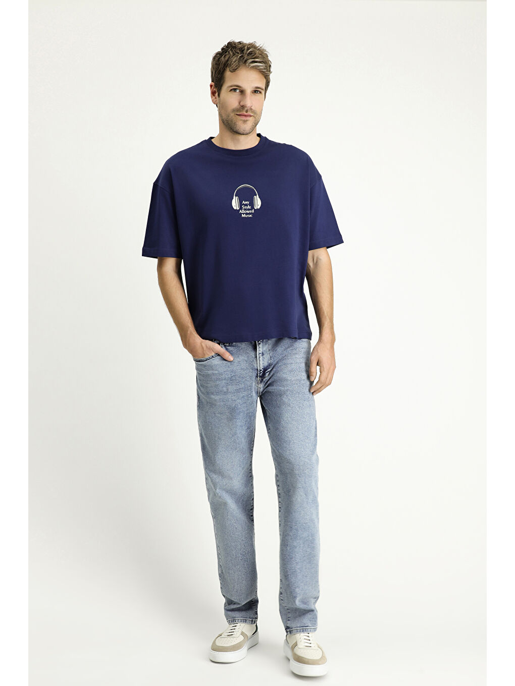 Lacivert Bisiklet Yaka Oversize Baskılı Süprem Pamuk Tişört-1
