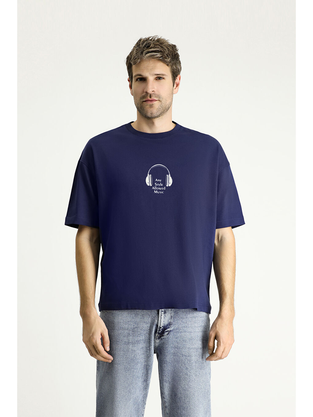 Lacivert Bisiklet Yaka Oversize Baskılı Süprem Pamuk Tişört-2
