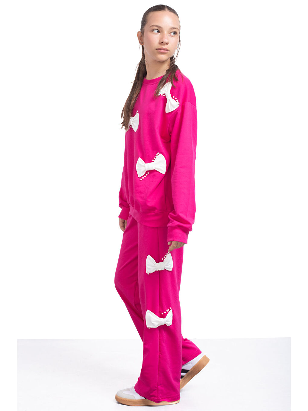 Fuşya Fiyonklu İnci Detaylı Kız Çocuk Bisiklet Yaka 2li Eşofman Takımı 21204-4