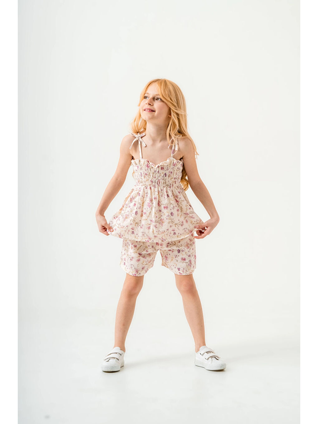 Pembe Çiçek Desenli İnce Askılı Kız Çocuk Takım 3818-1