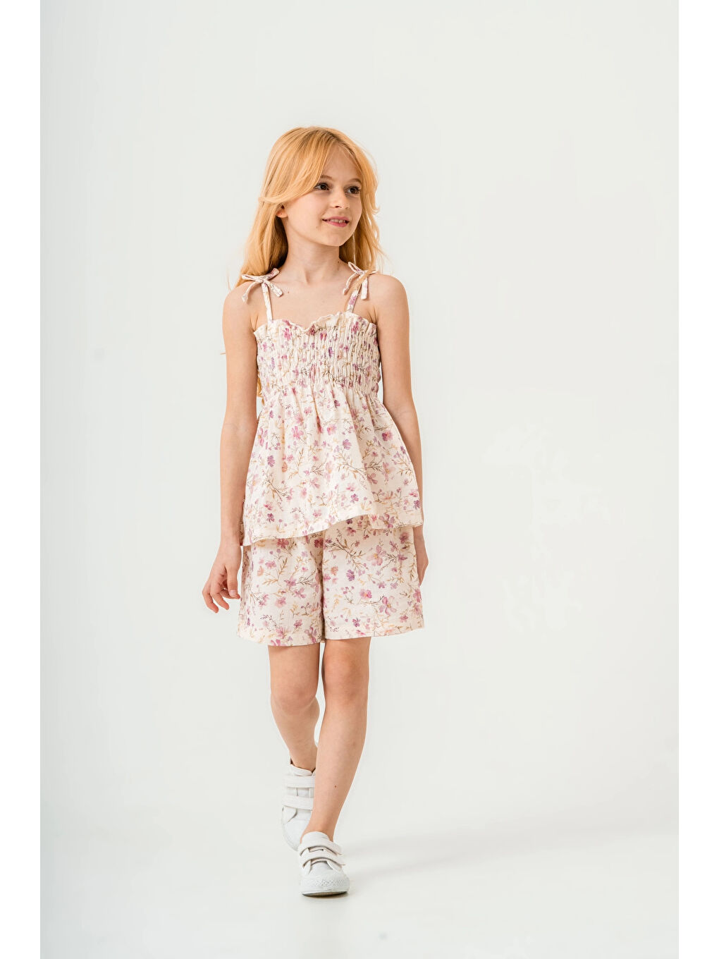 Pembe Çiçek Desenli İnce Askılı Kız Çocuk Takım 3818-3