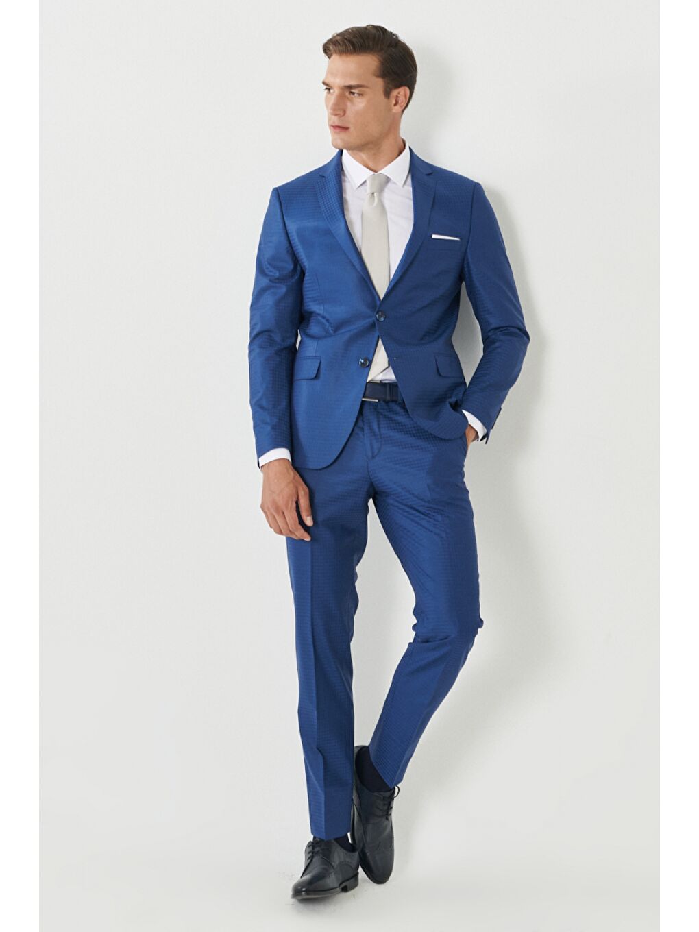 Erkek Mavi Eksta Slim Fit Dar Kesim Mono Yaka Kareli Mavi Takım Elbise-1