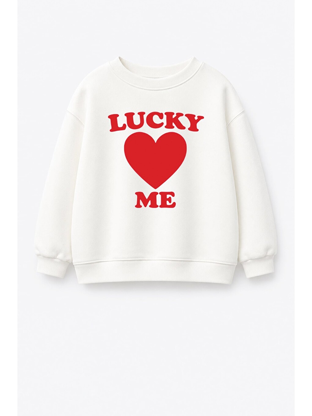 Ekru Unisex Çocuk Kalp Baskılı 3 İplik Kumaş Pamuklu Sweatshirt