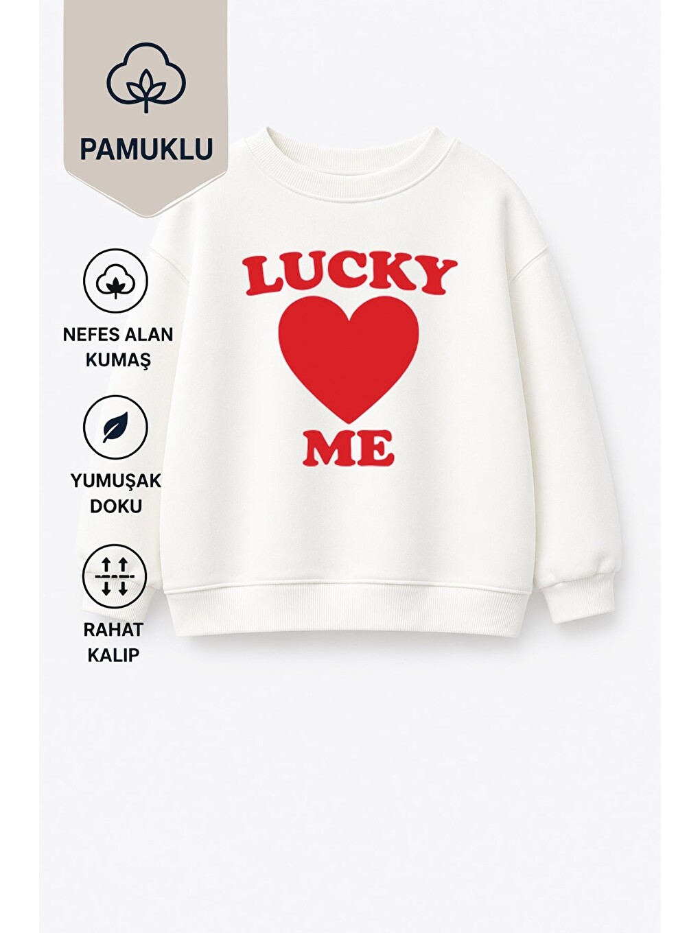 Ekru Unisex Çocuk Kalp Baskılı 3 İplik Kumaş Pamuklu Sweatshirt-1