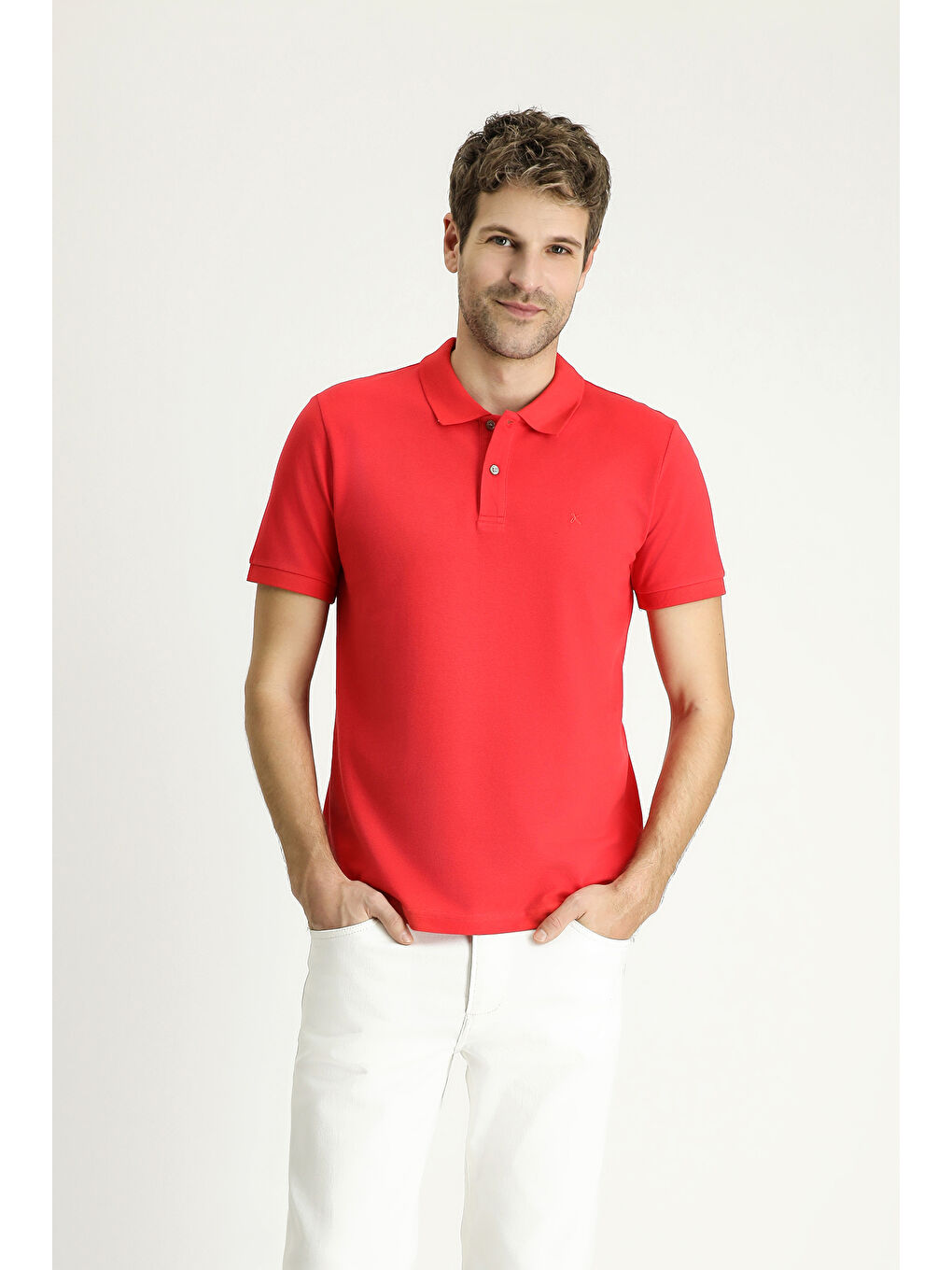 Kırmızı Slim Fit Dar Kesim Nakışlı Pamuk Polo Yaka %100 Pamuk Tişört