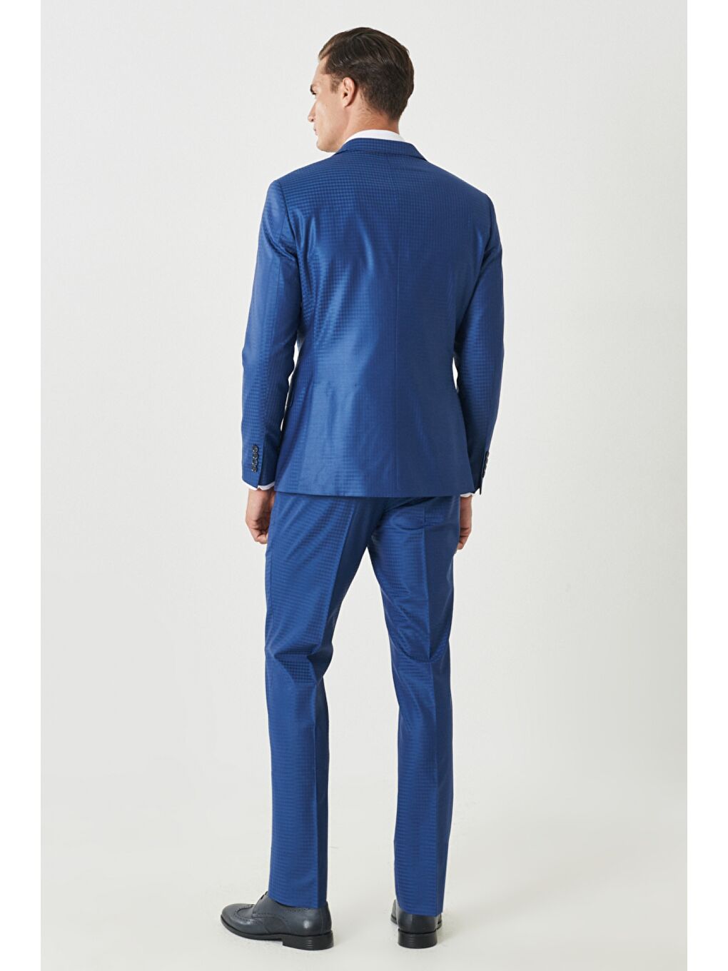 Erkek Mavi Eksta Slim Fit Dar Kesim Mono Yaka Kareli Mavi Takım Elbise-4