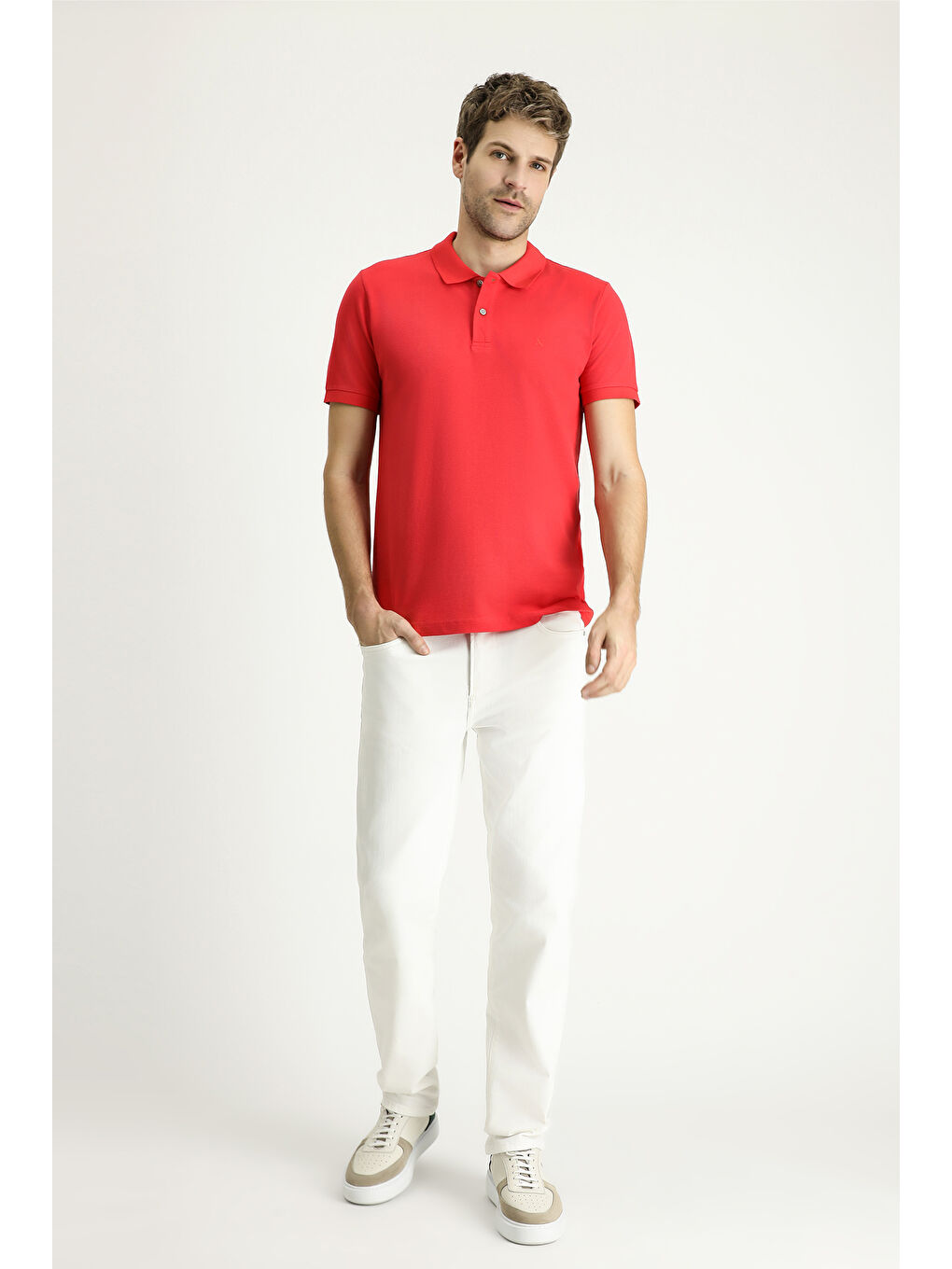 Kırmızı Slim Fit Dar Kesim Nakışlı Pamuk Polo Yaka %100 Pamuk Tişört-1