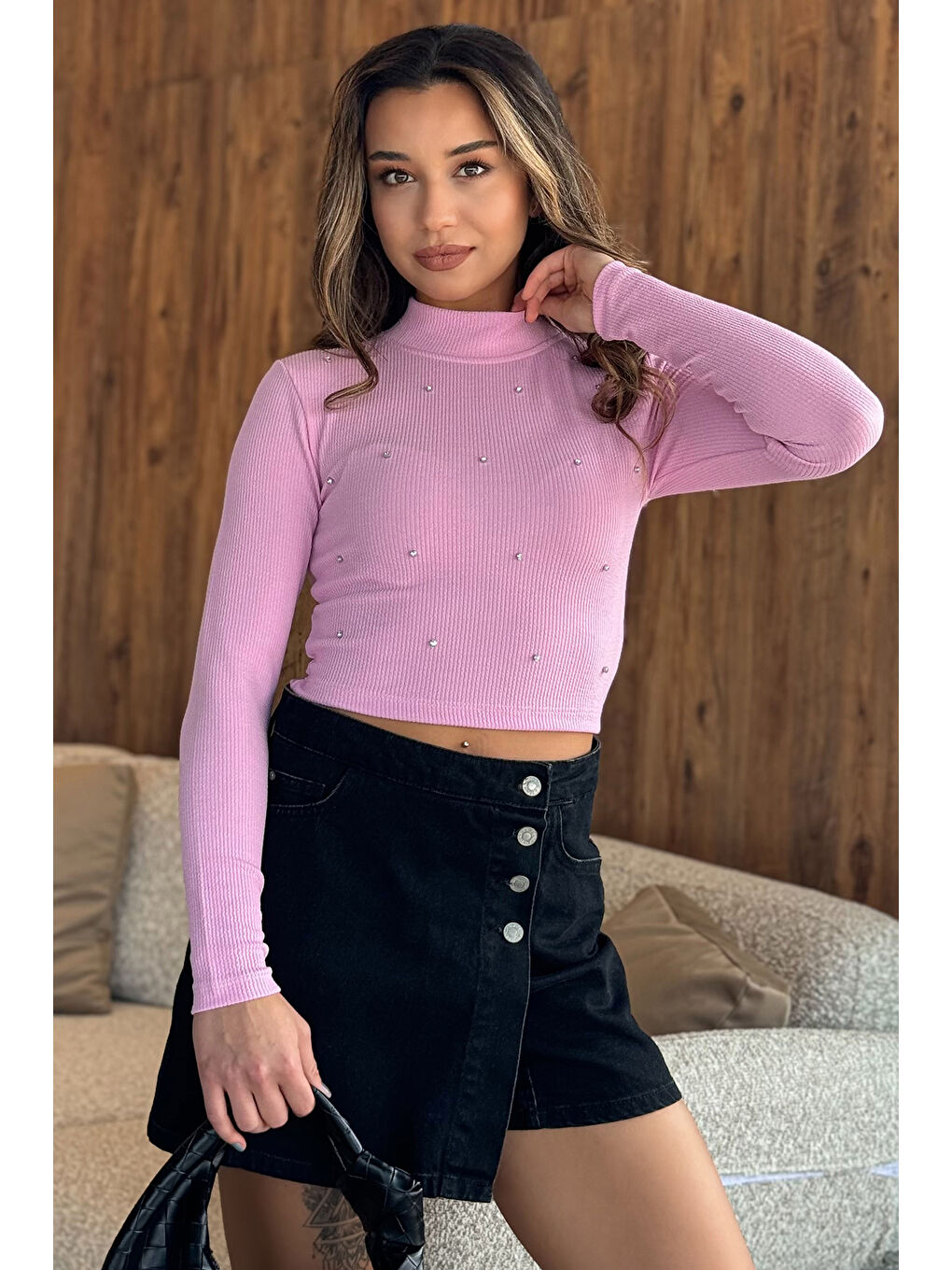 GÜLSELİ Pembe Yarım Balıkçı Yaka Taşlı Crop Top Bluz - 1