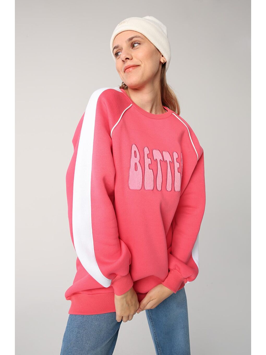 ALLDAY Koyu Pembe Kontrast Garnili Nakışlı Şardonlu Sweatshirt