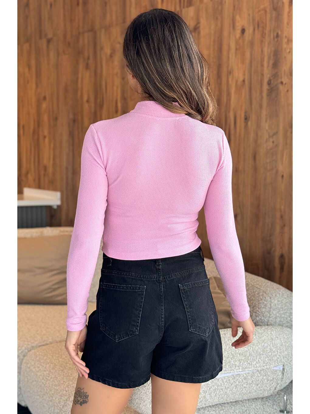 GÜLSELİ Pembe Yarım Balıkçı Yaka Taşlı Crop Top Bluz - 2