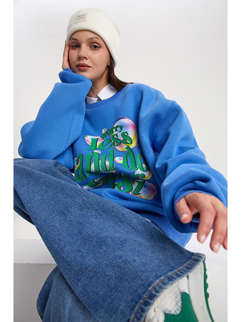 Mavi01 Baloncuk Baskılı Oversize Şardonlu Sweatshirt