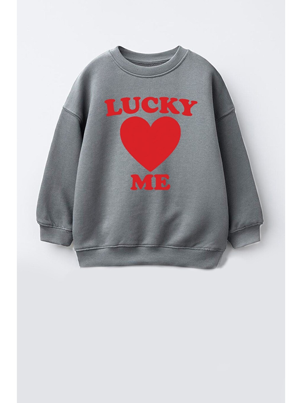 Antrasit Unisex Çocuk Kalp Baskılı 3 İplik Kumaş Pamuklu Sweatshirt