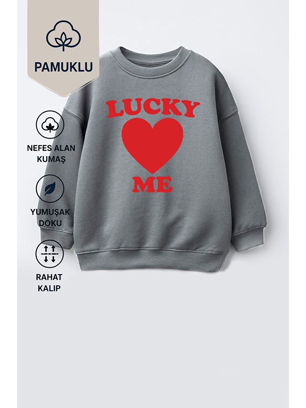 Antrasit Unisex Çocuk Kalp Baskılı 3 İplik Kumaş Pamuklu Sweatshirt-1
