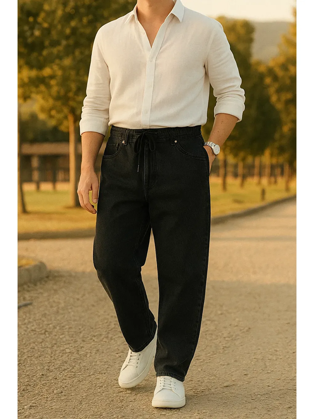 Erkek Bol Paça Jogger Baggy Siyah Pantolon-1