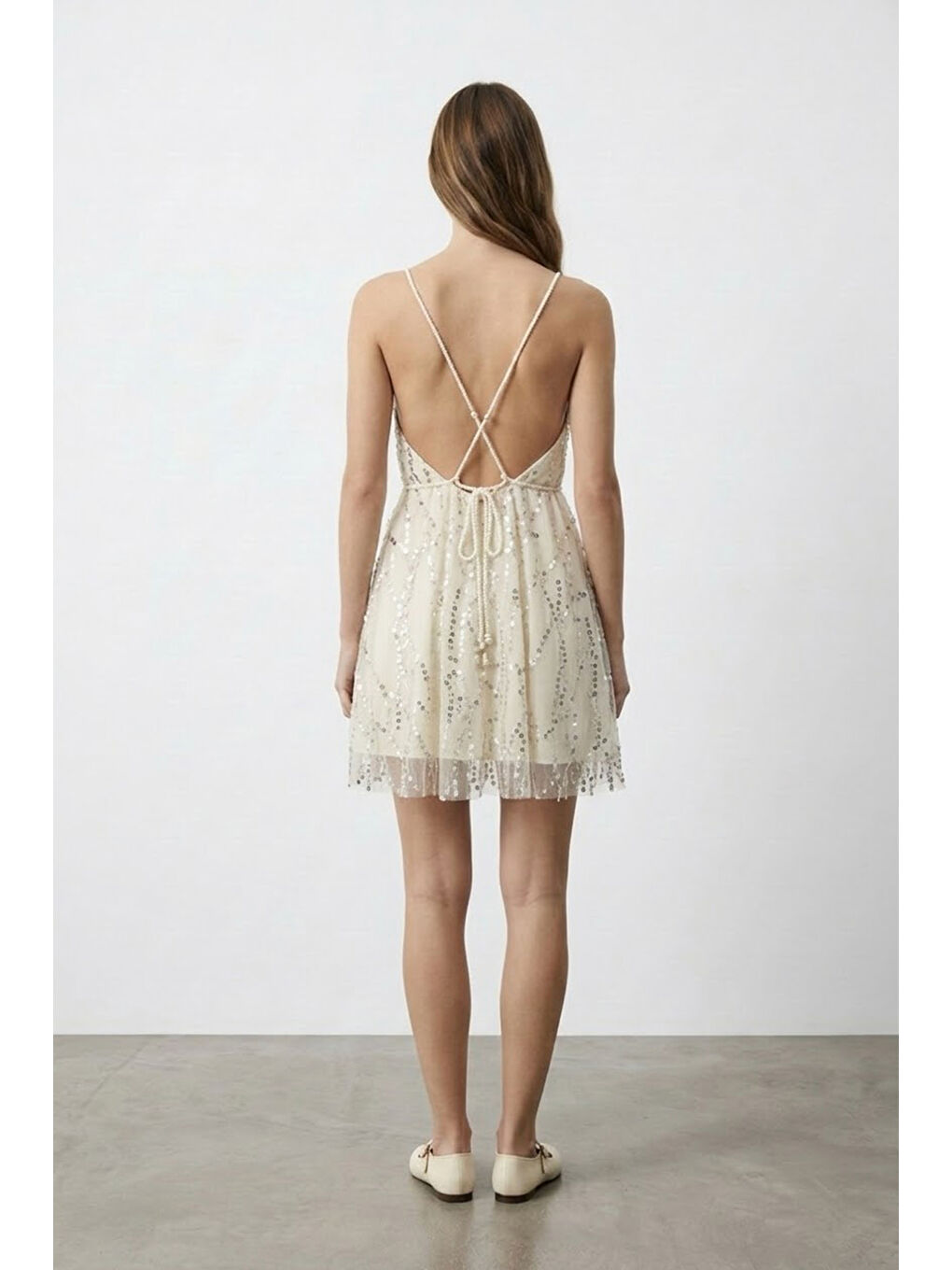Sırtı Açık Payetli Mini Elbise Ekru-1